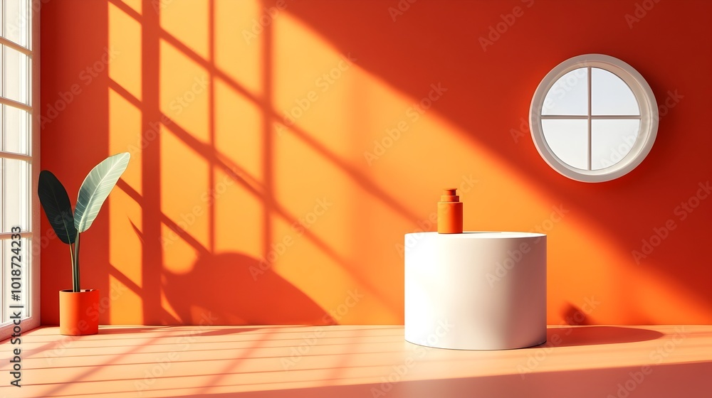 Aufkleber sleek and modern 3d studio room featuring a bold vermilion background empty floor and wall with a pr