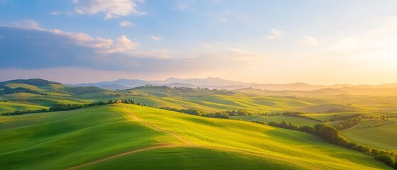 Obraz premium Aerial perspective of undulating green hills and trees in foreground, accompanied by a blue backdrop