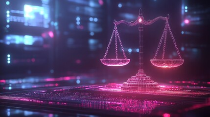 A futuristic digital representation of justice scales, symbolizing balance and equity in a high-tech environment.