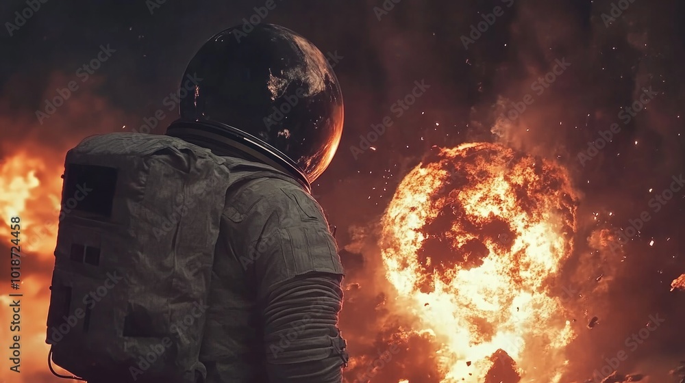 Poster Astronaut in space suit stands near massive explosion, possible search and rescue mission scenario