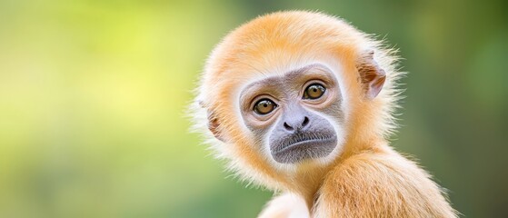 Obraz premium A tight shot of a monkey's visage, surrounded by a softly blurred backdrop of trees