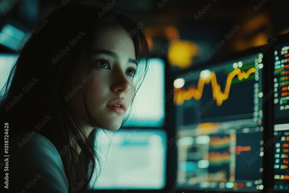 Poster A woman sits in front of a computer monitor with a focused expression, surrounded by minimal decor