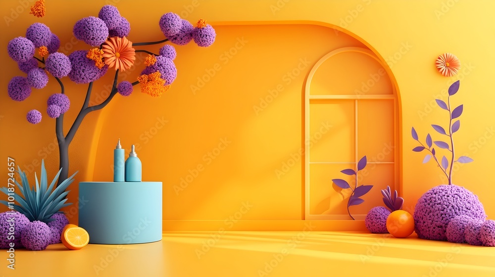 Poster vibrant 3d studio room with a yellow background an empty floor and wall and a product podium a shado