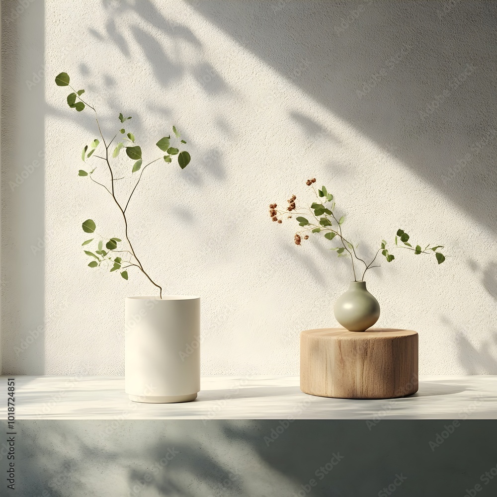 Poster elegant 3d studio scene with soft gray backdrop empty product pedestal and sunlit shadow details on 