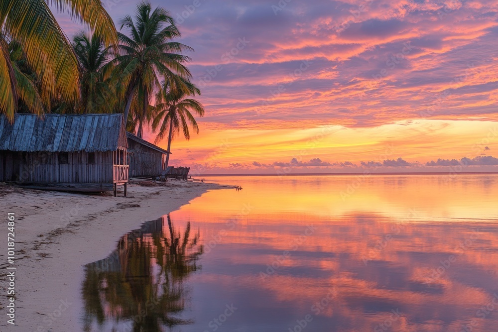 Wall mural Cozy beach hut surrounded by palm trees at sunset, perfect for a tropical getaway or travel brochure