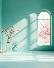Airy and minimalist pastel blue green color scheme 3D studio scene with clean empty room wall and floor  The scene features soft shadows from window illumination a vase of flowers