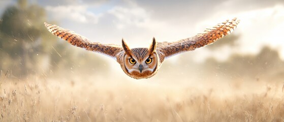 Obraz premium An owl flies over a field of tall grass, dotted with trees in the background, and clouds scattered across the sky