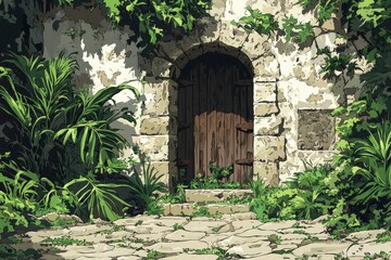 Naklejka premium Stone Pathway Leading to a Wooden Doorway in a Stone Wall Covered in Greenery