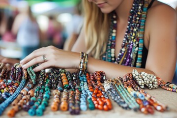 Craft Jewelry: Woman Selling Homemade Handcrafted Jewelry at Hippy Festival Market Stall