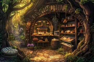 Obraz premium a digital art piece of a fantasy bakery in a magical forest