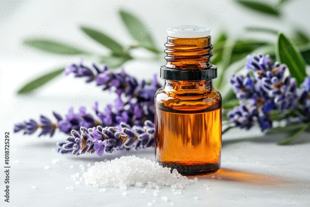 Poster a detailed view of a lavender bottle with its label and cap
