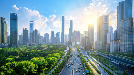 Obraz premium A bustling city center powered by renewable energy and smart urban planning for sustainability and green living