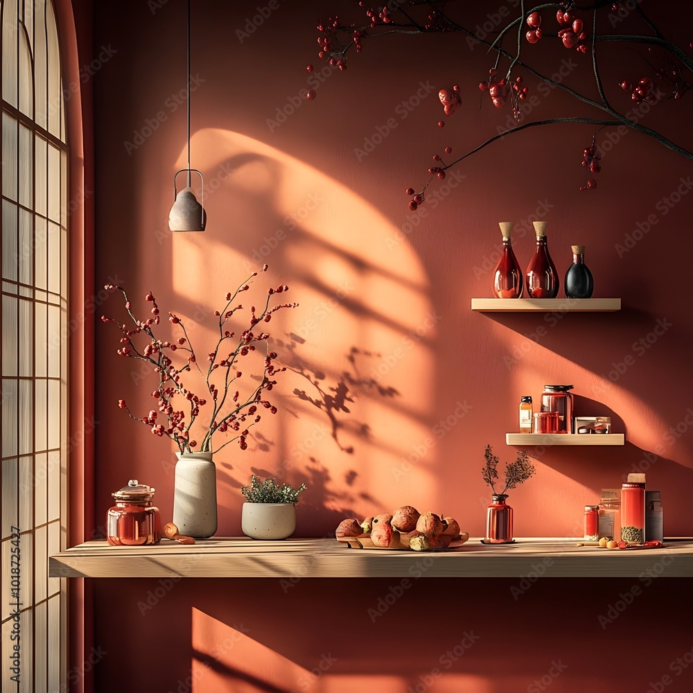 Poster luxurious burgundy toned studio scene featuring sparse furnishings bare walls and a product display 
