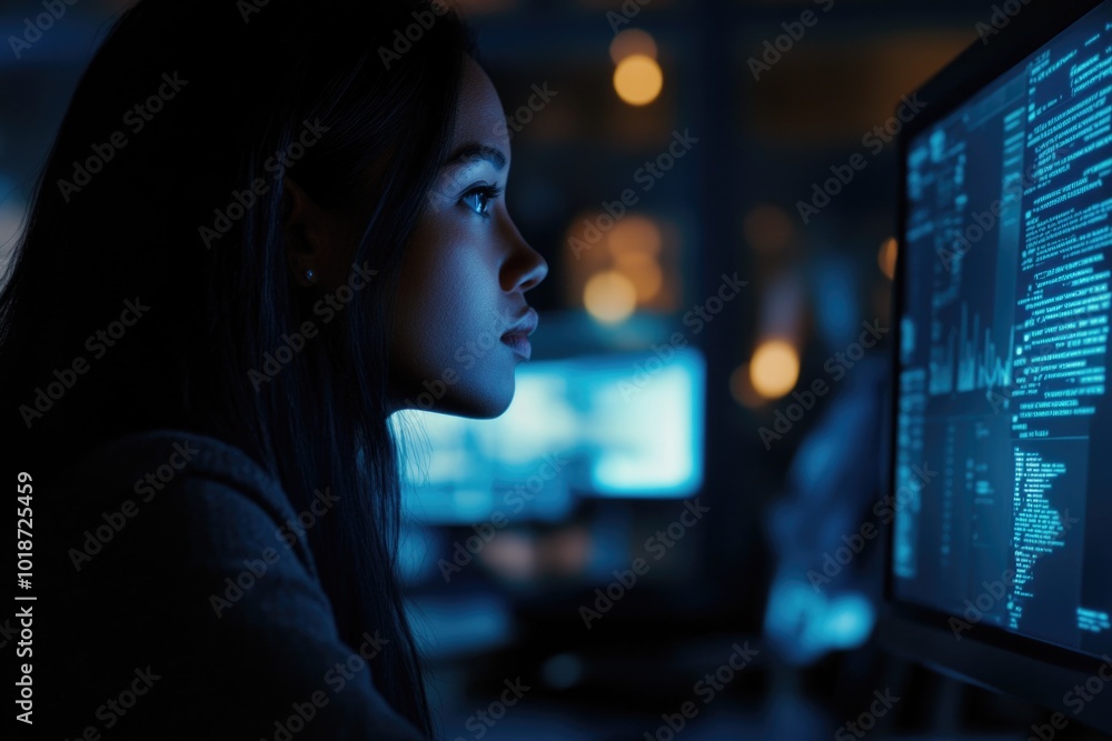 Poster a person sitting in front of a computer, focused on their work
