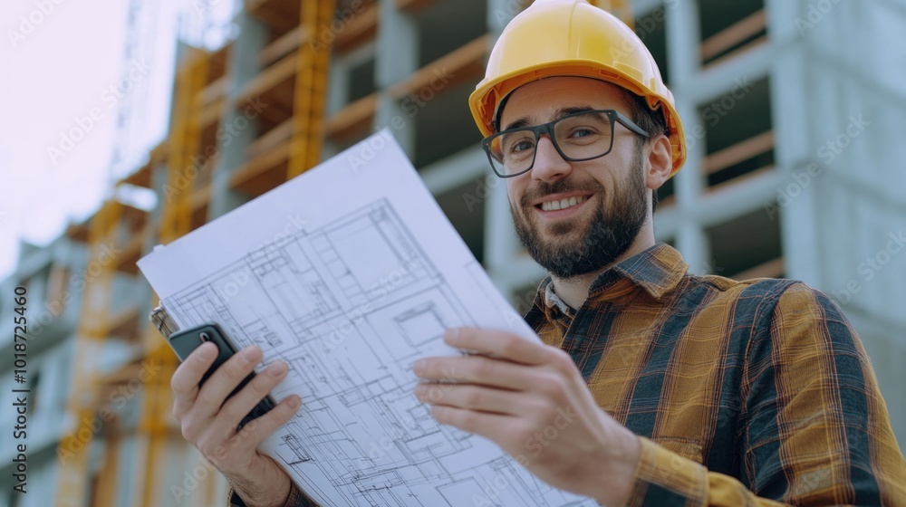 Poster a person wearing a hard hat holds a blueprint, ready to get started on a project