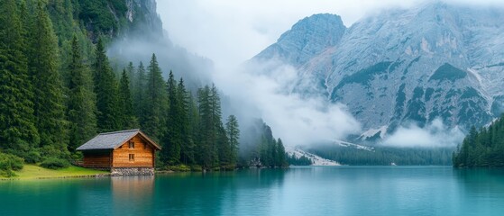  A cabin rests on the lake shore, enveloped by mountains and pine trees Fog and low-lying clouds surround it