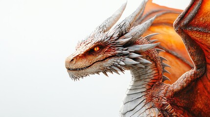 A majestic dragon with fiery orange hues and piercing eyes, showcasing intricate scales and powerful wings.