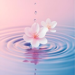 A serene image of pink flowers floating on water, with gentle ripples and droplets creating a calming atmosphere.