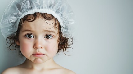 Sad little girl in a bathtub wearing a transparent shower cap with wet curly hair looking directly at the camera