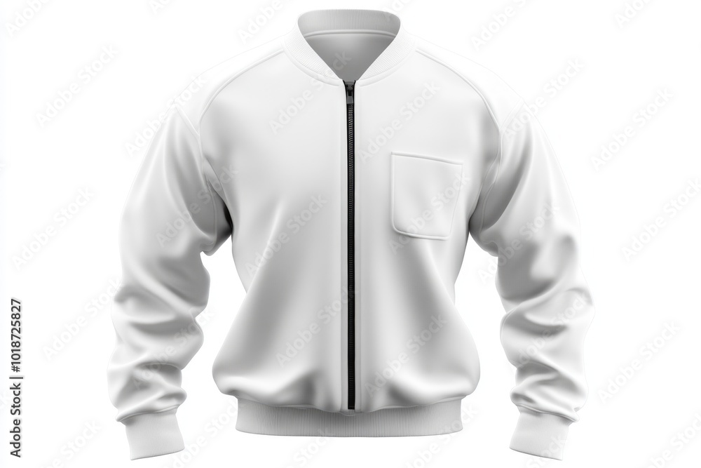 Poster a close-up of a white jacket with a zipper on the front, ideal for use in fashion or textile designs