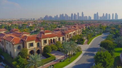 Fototapeta premium Aerial view of a luxury residential area with palm trees and a road winding through the neighborhood, with a modern cityscape skyline in the background.