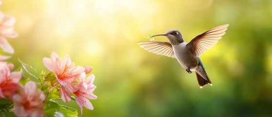 A hummingbird hovers above pink flowers on a sunny day Sunlight filters through the foliage, illuminating the leaves and blooms in the foreground