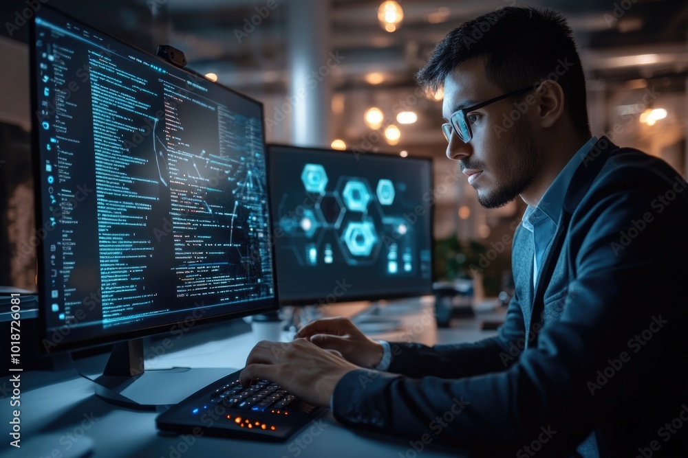 Poster a person typing away at a desk with multiple screens, perfect for office or work-related settings