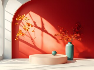 Premium 3D studio setting with deep burgundy backdrop empty podium for product showcase bare floor and wall offering blank canvas soft shadow patterns from window light across countertop