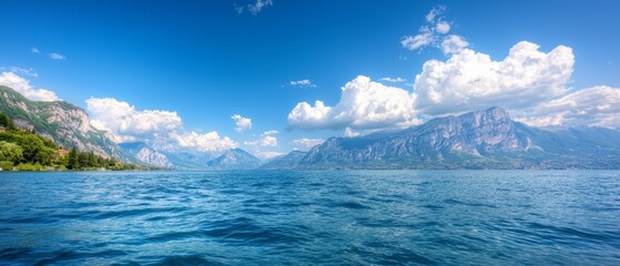  A crystal-clear body of water nestled amongst mountains, under a vast blue sky dotted with fluffy white clouds and occasional scattered grey ones