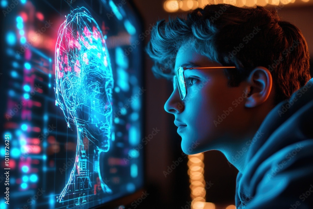 Poster A person examining information on a computer monitor
