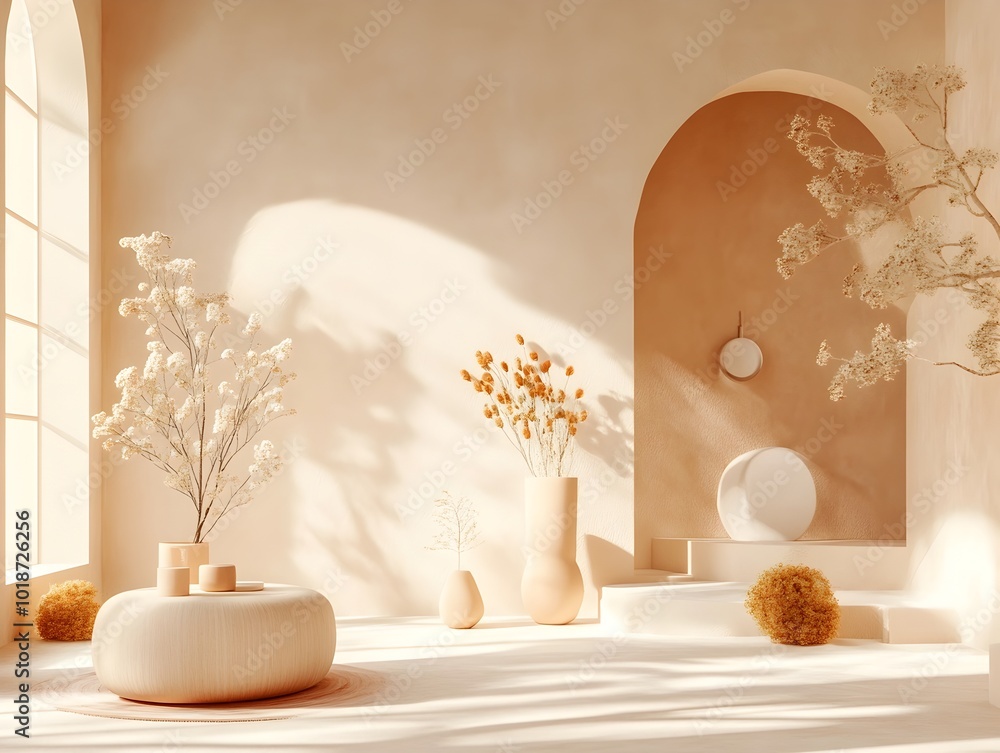 Poster elegant and serene 3d studio setting with minimalist empty floor and wall design featuring earthy oc