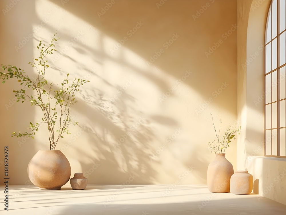 Poster elegant and serene 3d studio setting with earthy ochre tones minimalist empty floor and wall design