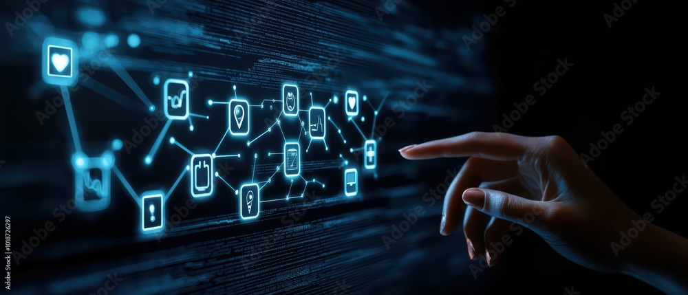 Poster futuristic hand interacting with digital interface displaying various connected icons.