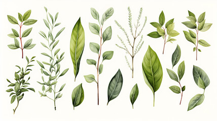 Naklejka premium Watercolor hand painted green plant branches and leaves