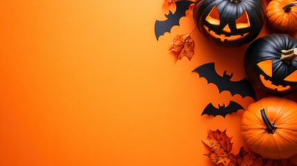 Happy halloween holiday concept. Halloween decorations, pumpkins, bats, ghosts on orange background. Halloween party greeting card mockup with copy space. Flat lay, top view, overhead.