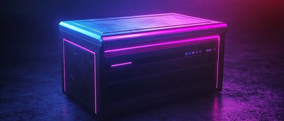 Futuristic gaming console with neon lights on a dark surface, ideal for tech enthusiasts and gaming culture.