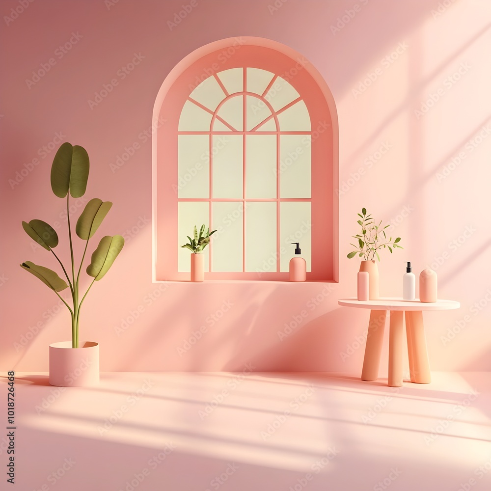 Poster elegant 3d studio setting with a muted blush background vacant floor and wall and a product stand cr