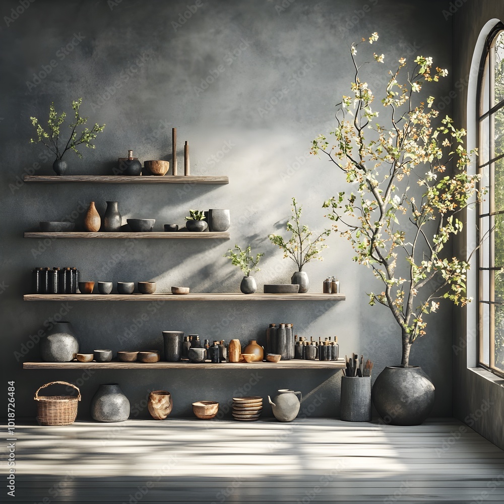 Poster tranquil 3d studio setting with a pewter toned environment bare floor and shelving centered product 