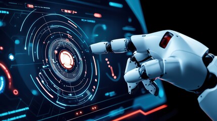 Obraz premium Futuristic robotic hand interacting with a high-tech digital interface, showcasing advanced technology and innovation.