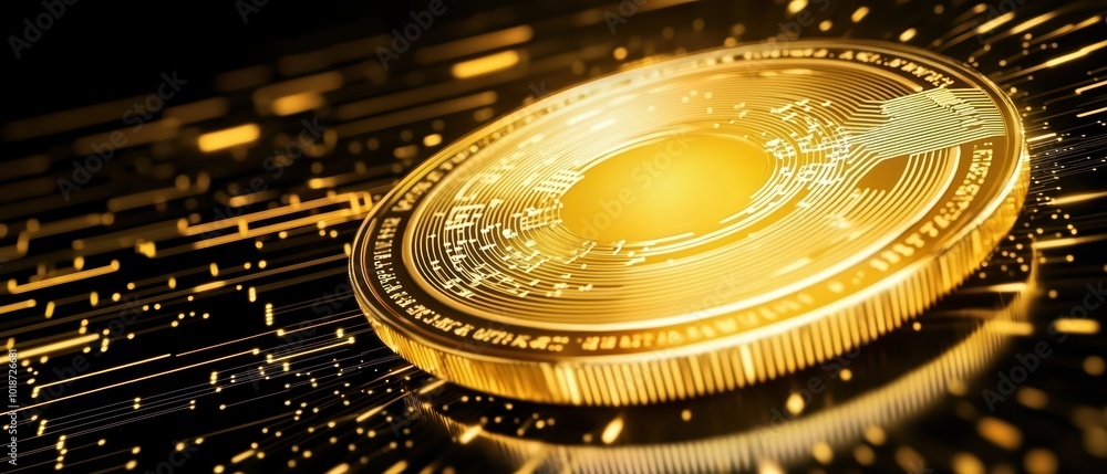 Poster golden cryptocurrency coin with digital particles, symbolizing blockchain and innovation.