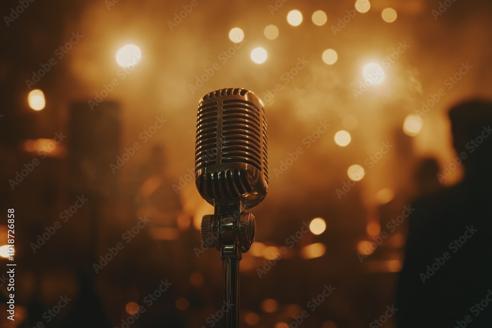 Poster a close-up shot of a microphone on a stand, ideal for music or audio-related compositions