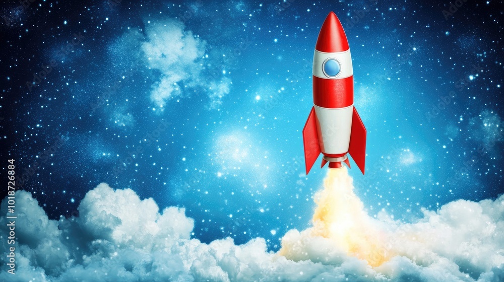 Poster rocket soaring into the sky, symbolizing a business startup's dynamic growth and the launch of a new