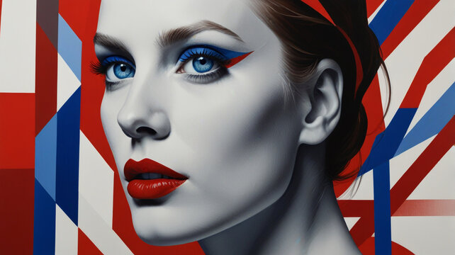 A modern, abstract portrait of a woman with striking blue eyes and bold makeup copy space