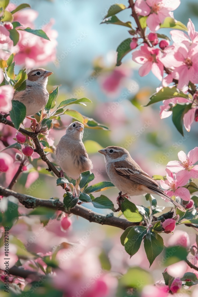 Poster two small birds perched on a branch of a tree