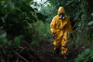 Fototapeta premium Rescuer with protective suit exploring danger area. Biohazard, virus, chemical disaster 