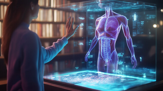 A person interacts with a holographic human anatomy display in a modern educational space during an evening study session