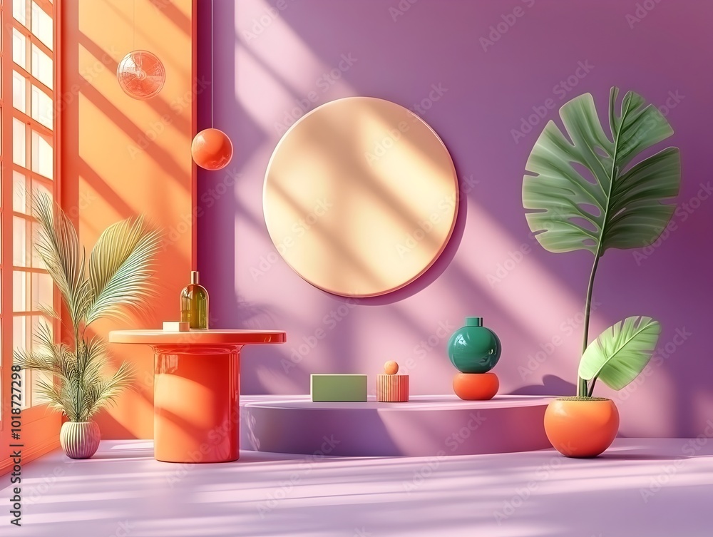Poster Dramatic 3D studio space with deep purple walls clean product display podium and a product casting a dramatic shadow from the window  Minimalist Bauhaus inspired composition creating a high end