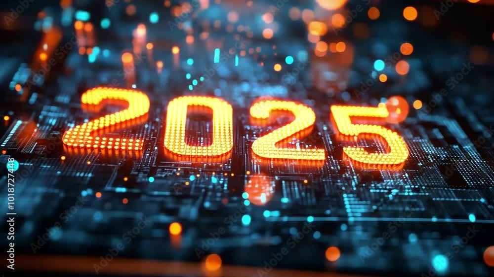 Poster digital representation of the year 2025 with glowing numbers among circuit patterns and lights
