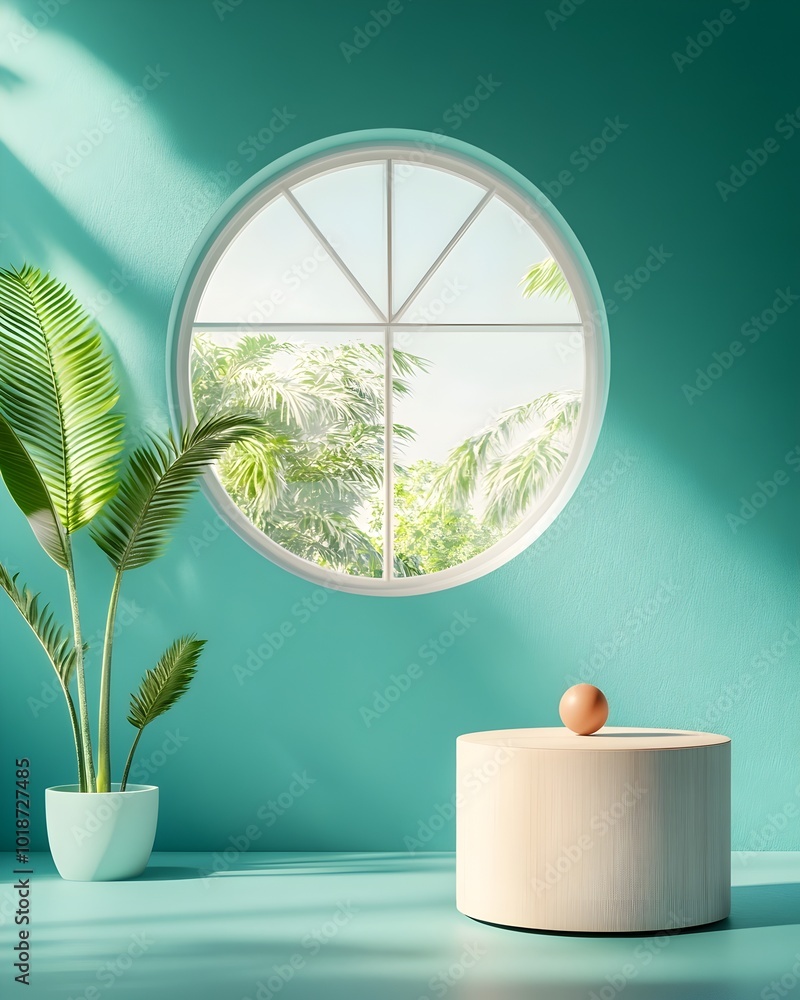 Poster bright 3d studio space with turquoise accent wall and natural window lighting featuring a simple emp
