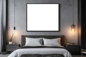 A blank framed artwork or poster, blank for design mockups, hanging on the wall of a bedroom over the bed, with a modern or stylish or minimalist interior, Empty picture frame mockup, Design template
